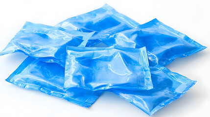 Several small, light-blue, plastic pouches.  Close-up view of the packages clustered together.  Transparent packaging appears sealed