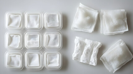 Clean white cloths in plastic containers and loose