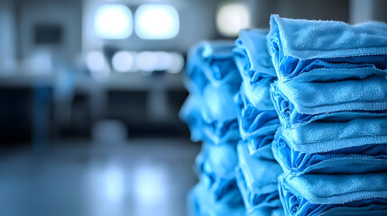 Stack of folded, light-blue surgical cloths in a hospital or medical facility.  Close-up of neatly arranged, sterile-looking cloths.  Blurred background of modern interior