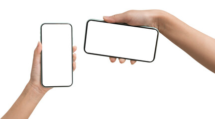 Two hands holding smartphones with blank white screen in vertical and horizontal positions isolated on white