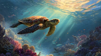 Obraz premium Sea turtle gracefully swimming through vibrant coral reef under sunlit ocean waters