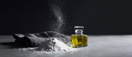 Splashing flour and olive oil on dark surface for cooking ingredients baking recipe photography food background concept