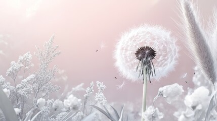 Soft white dandelion field, gentle breeze, pastel background, nature scene, for wallpaper or greeting cards