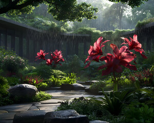 Lush garden courtyard, rain, and vibrant flowers.  Sunlight filters through trees in a secluded tropical garden with large red flowers and stone pathways