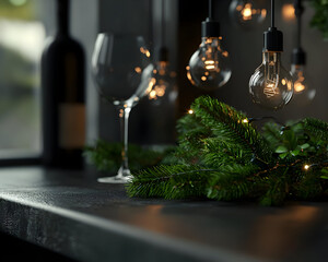 Dark countertop with wine glasses, Christmas greenery, and warm Edison bulbs.  Elegant holiday setting with warm lighting