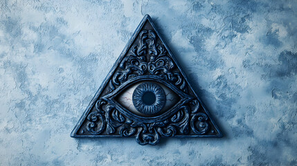 Blue, ornate pyramid with an all-seeing eye.  Intricate carvings and detailed design atop textured background