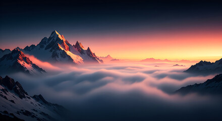 Majestic snow capped mountains bathed in a vibrant sunset glow above the clouds