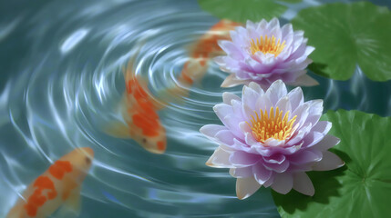Peaceful pond scene featuring water lilies and koi fish swimming gracefully, reflecting tranquility and natural beauty.