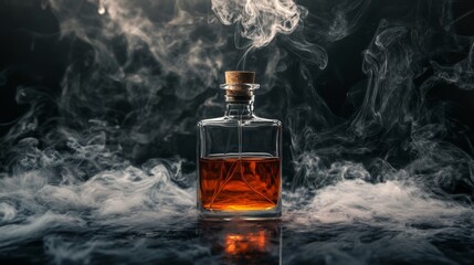 Whiskey glass bottle in smoke vapor on black background for alcohol branding bar product photography