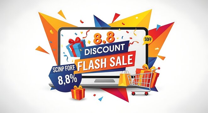 Dynamic online 8.8 flash sale illustration for e-commerce. Laptop screen shows discount offers, surrounded by gift boxes and a shopping cart. - Powered by Adobe