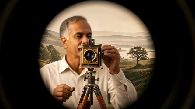 Pinhole photography enthusiast adjusts camera on tripod as soft light haze drifts across serene landscape