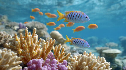 Vibrant coral reef teeming with colorful fish swimming amongst coral formations, showcasing marine biodiversity and underwater beauty.