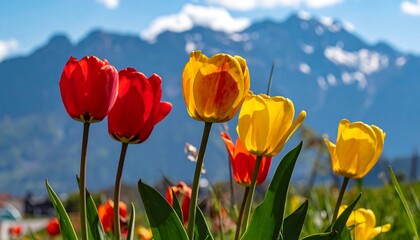Obraz premium Colorful tulips in bloom with mountain view.