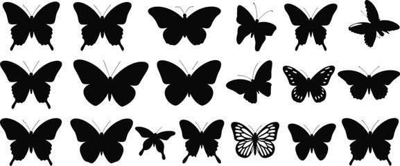 Fototapeta premium Black butterfly silhouettes collection, vector insect clipart, flying butterfly icons, nature illustration, moth and butterfly shapes for design