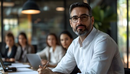 A confident business professional in a modern office setting. He leads a diverse team, showcasing collaboration and focus during a meeting.