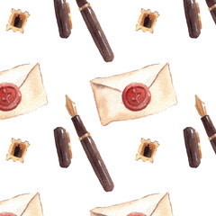 Seamless watercolor pattern of vintage writing tools including fountain pens, wax-sealed envelopes, and antique stamps. Great for calligraphy, journaling products, and nostalgic letter-themed artwork.