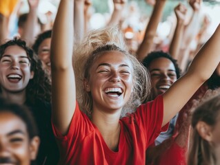 Photo of a diverse group of people cheering together in a stadium setting