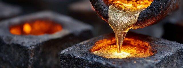 Melting Gold in Foundry, Liquid Metal Pouring into Molds, Crafting Jewelry and Decorations with Precious Material, Industrial Art and Creation Process