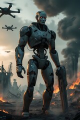 Fototapeta premium Combat Mech in Destroyed Urban Environment - Robotic Future