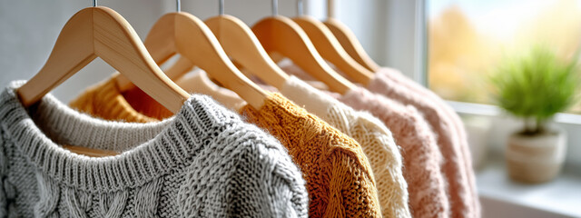 Fototapeta premium Cozy and Stylish Knitted Sweaters Displayed on Hangers in a Sunlit Room with Green Plants and Soft Background
