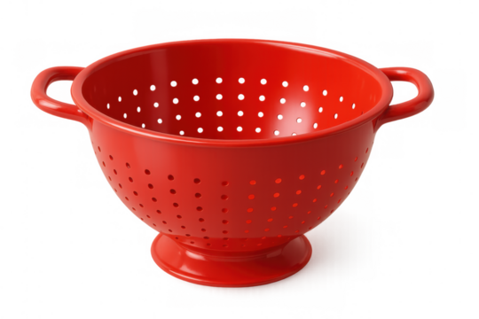 Red plastic colander with handles and perforated surface, isolated on transparent background, ideal for draining pasta and vegetables