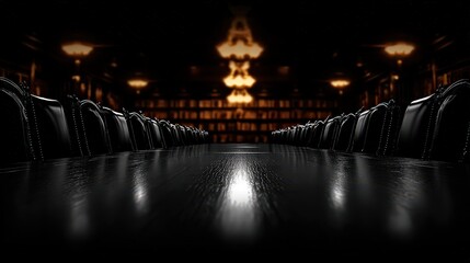 A long, polished black table surrounded by elegant chairs in a dimly lit room, evoking a sense of formality and sophistication, Ideal for business meetings, conferences, or formal gatherings,