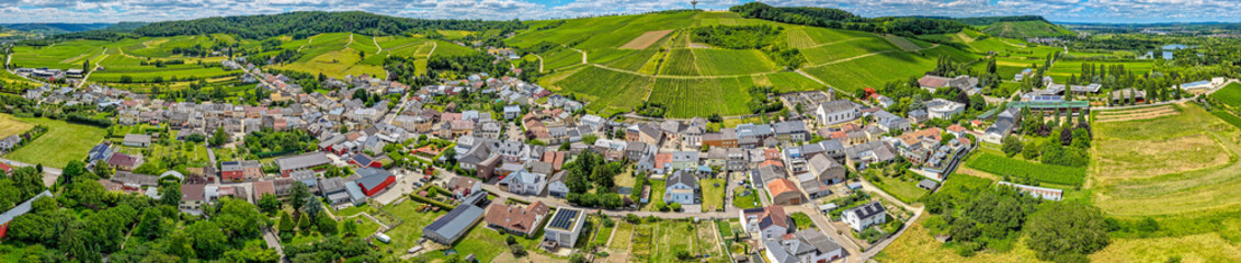 Aerial view of Schengen Village in Luxembourg in the Moselle Valley Wine growing region of the country