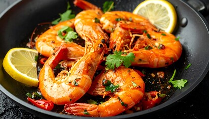 Cooked shrimp with lemon and cilantro.