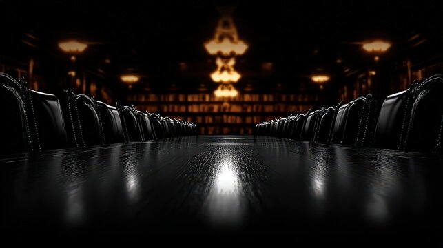 A long, polished black table surrounded by elegant chairs in a dimly lit room, evoking a sense of formality and sophistication, Ideal for business meetings, conferences, or formal gatherings,