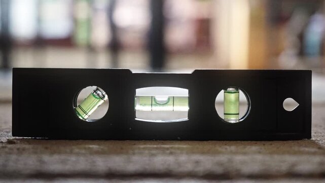 A close-up shot of a level tool, perfectly positioned on a surface, showcasing its accuracy. The tool is a dark color, with bubbles that provide the required precision.