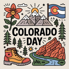 Colorado Day Celebration Vector Set – Hand-Drawn State Symbols and Landmarks