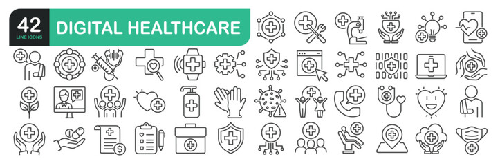 Set Of Digital Healthcare Icons. Outline Symbols Elements Collection.