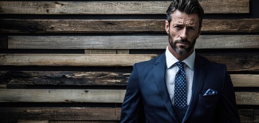 The professional man in a stylish suit against a rustic wooden backdrop.