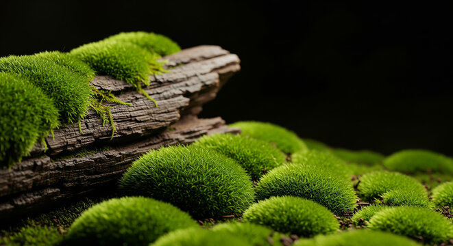 Lush green moss blankets a weathered piece of wood in soft light