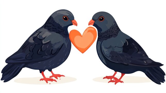 Two pigeons holding a heart, symbolic of love, for Valentine's Day, possible use for a romantic card or print