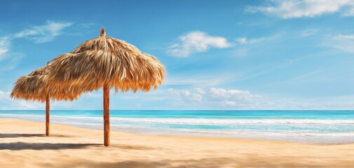 The stunning beach umbrellas under a bright blue sky and gentle waves.