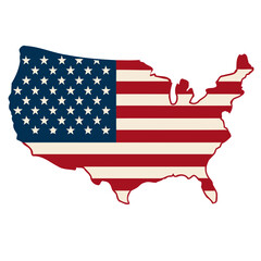 United States map outline with a classic national flag pattern. Graphic illustration representing patriotism and national identity.