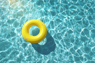 Naklejka premium A bright yellow inflatable swim ring floating on clear, blue water with sunlight reflecting on the surface.