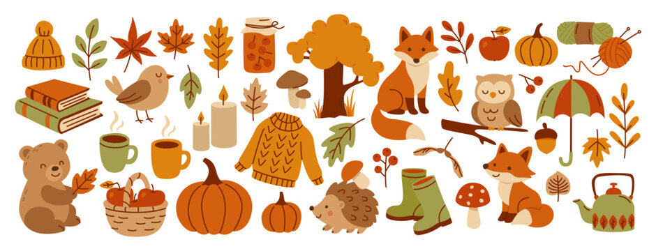 Autumn set of falling leaves, pumpkins, sweater, cute bear, bird, fox, hedgehog, mushroom, candles and other. Cozy Fall. October forest elements for scrapbook, card, poster, invitation, sticker. Vecto