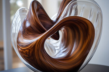 Abstract sculpture made of wood and glass, featuring an organic swirling dark brown wood grain design and contrasting smooth white or clear glass.