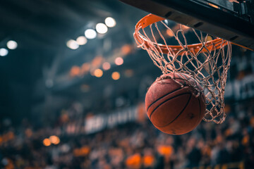 Fototapeta premium A basketball going through a hoop during a game in a sports arena.
