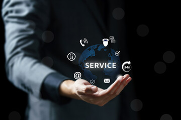 Customer service and support solution, Businessman offering digital support with global communication icons. Contact us page, online helpdesk, 24/7 service, Ai chatbot, email, Ai assistance.