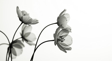 Delicate white flowers on thin stems against a white background