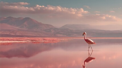 Serene flamingo wading through tranquil pink waters at sunset, surrounded by distant mountains