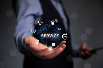 Customer service and support solution, Businessman offering digital support with global communication icons. Contact us page, online helpdesk, 24/7 service, Ai chatbot, email, Ai assistance.