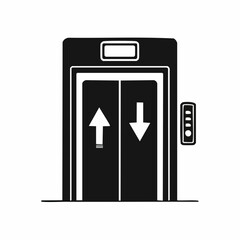Minimalist vector silhouette icon of an elevator with up and down arrows, in black and white