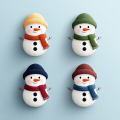 Colorful cartoon snowmen wearing hats and scarves on a light blue background during winter holiday season