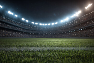 A close-up view of a well-lit sports field with green grass and stadium lights in the background at night.