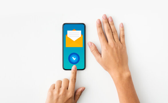 Newslettering Concept. Unrecognizable Female Using Smartphone With Opened Envelope Sign And Check Mark Button, Subscribed To Email Marketing, Creative Collage, Top View With Copy Space