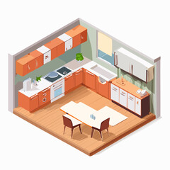 Isometric view of a modern kitchen interior with orange cabinets, appliances, and a dining table.
